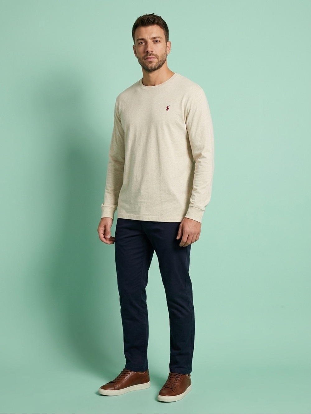 Ralph Lauren #320; Cream Long Sleeve Crewneck with Burgundy Pony (see dot-pic 5